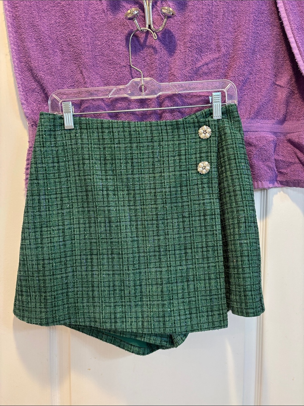 NWT Anthropologie Green Tweed Skort with Pearl Floral Buttons